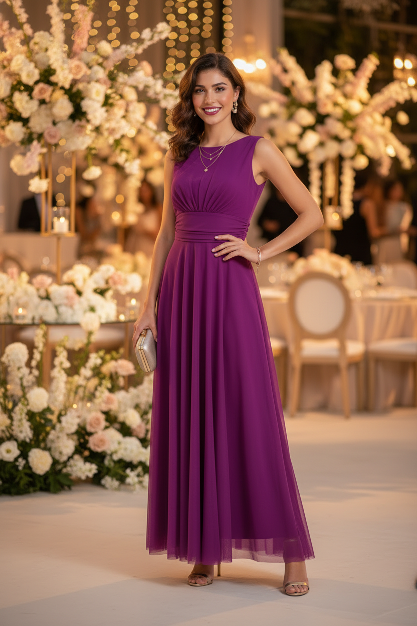 Vestido Magenta Tul - Vestido de Fiesta Elegante con Escote Barco