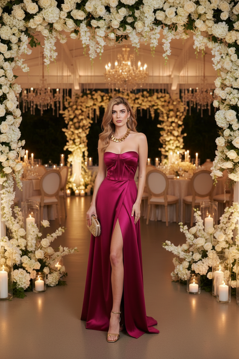Vestido Magenta Satinado - Vestido de Fiesta Elegante con Lazo
