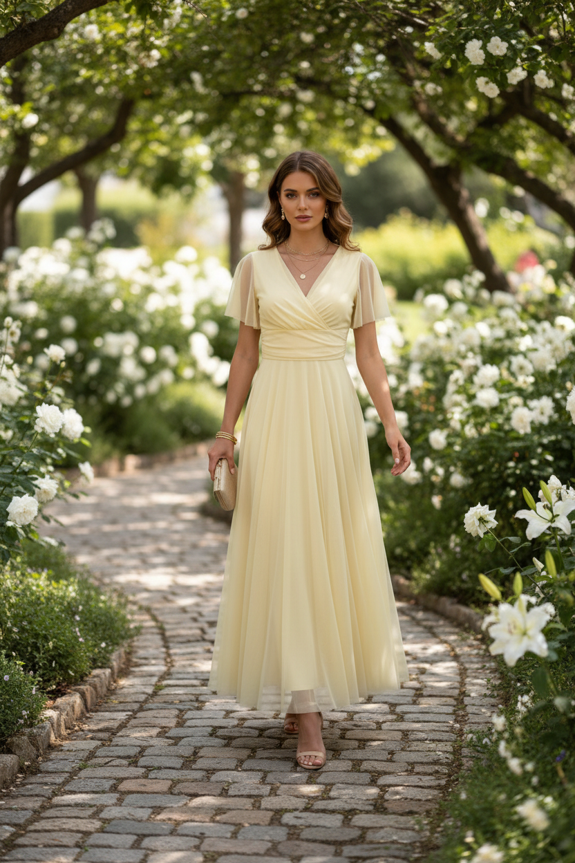 Vestido Amarillo Pastel con Tul - Lujo Mediterráneo