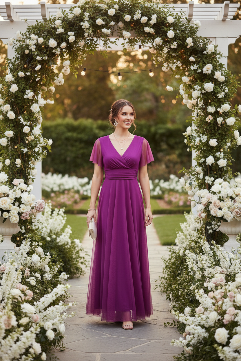 Vestido Magenta Tul - Vestido de Fiesta Elegante con Escote Barco