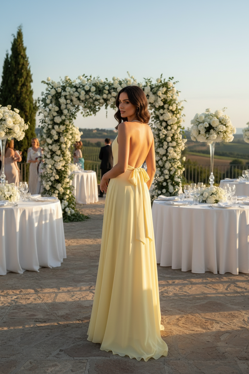Vestido Largo Amarillo con Escote Halter invitada