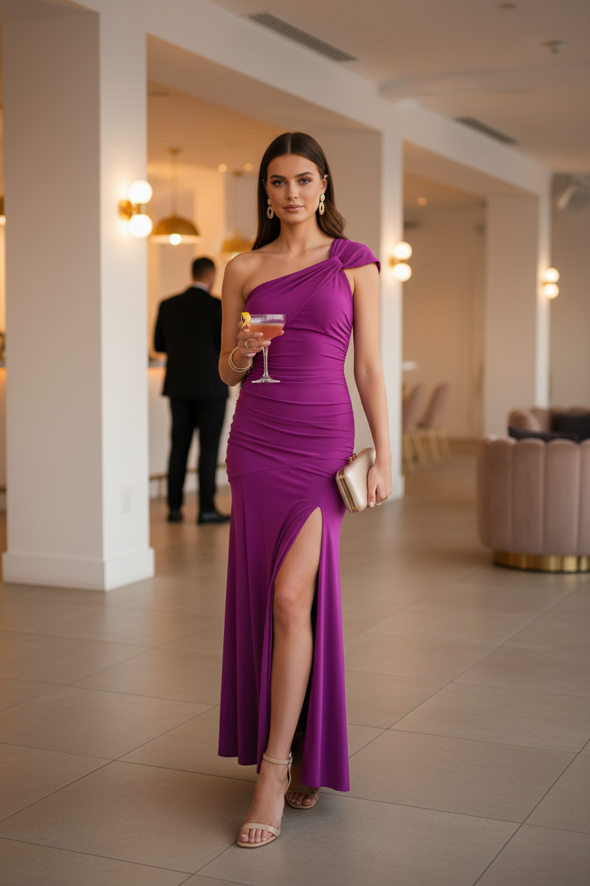 Vestido Fucsia Drapeado Un Hombro - Elegancia Asimétrica
