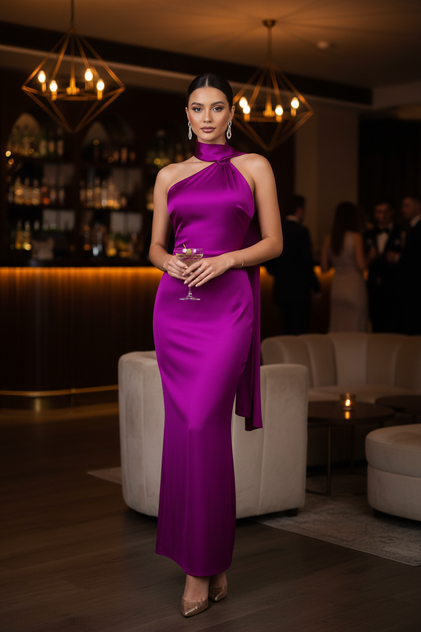 Vestido Magenta Halter - Vestido de Fiesta Elegante con Cuello Halter