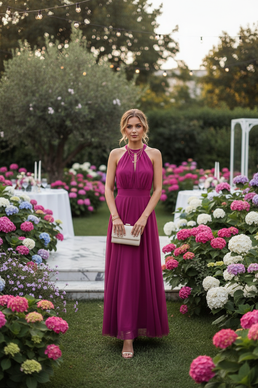 Vestido Fucsia Halter con Tul - Sofisticación Moderna