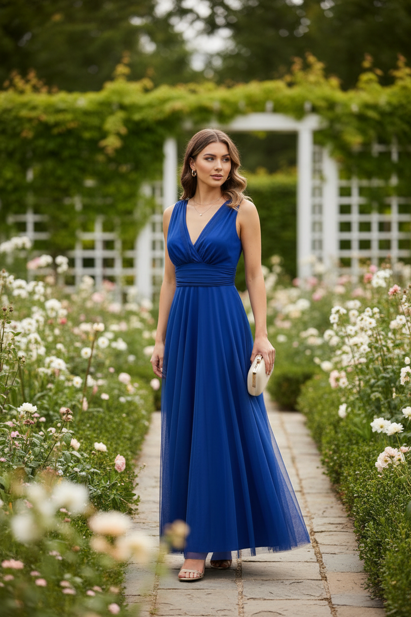 Vestido Azul Klein Cruzado con Tul - Elegancia Atemporal