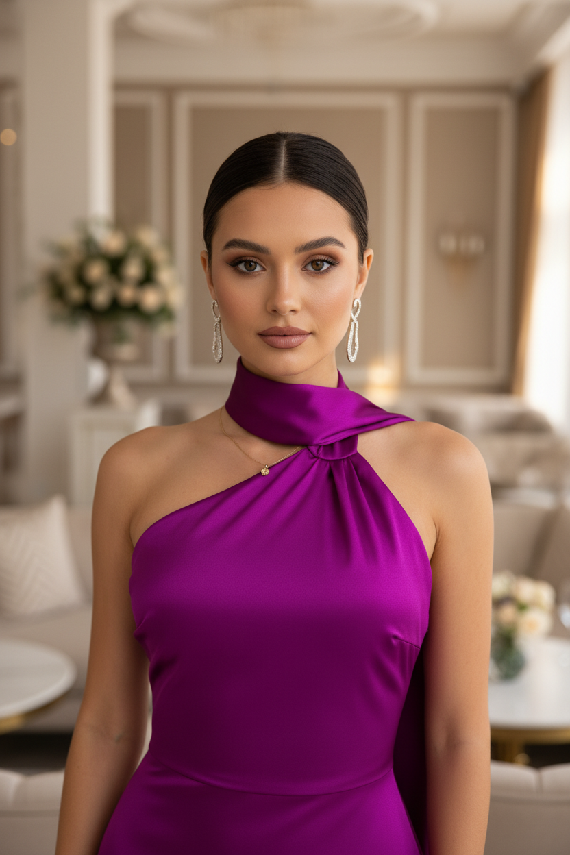 Vestido Magenta Halter - Vestido de Fiesta Elegante con Cuello Halter