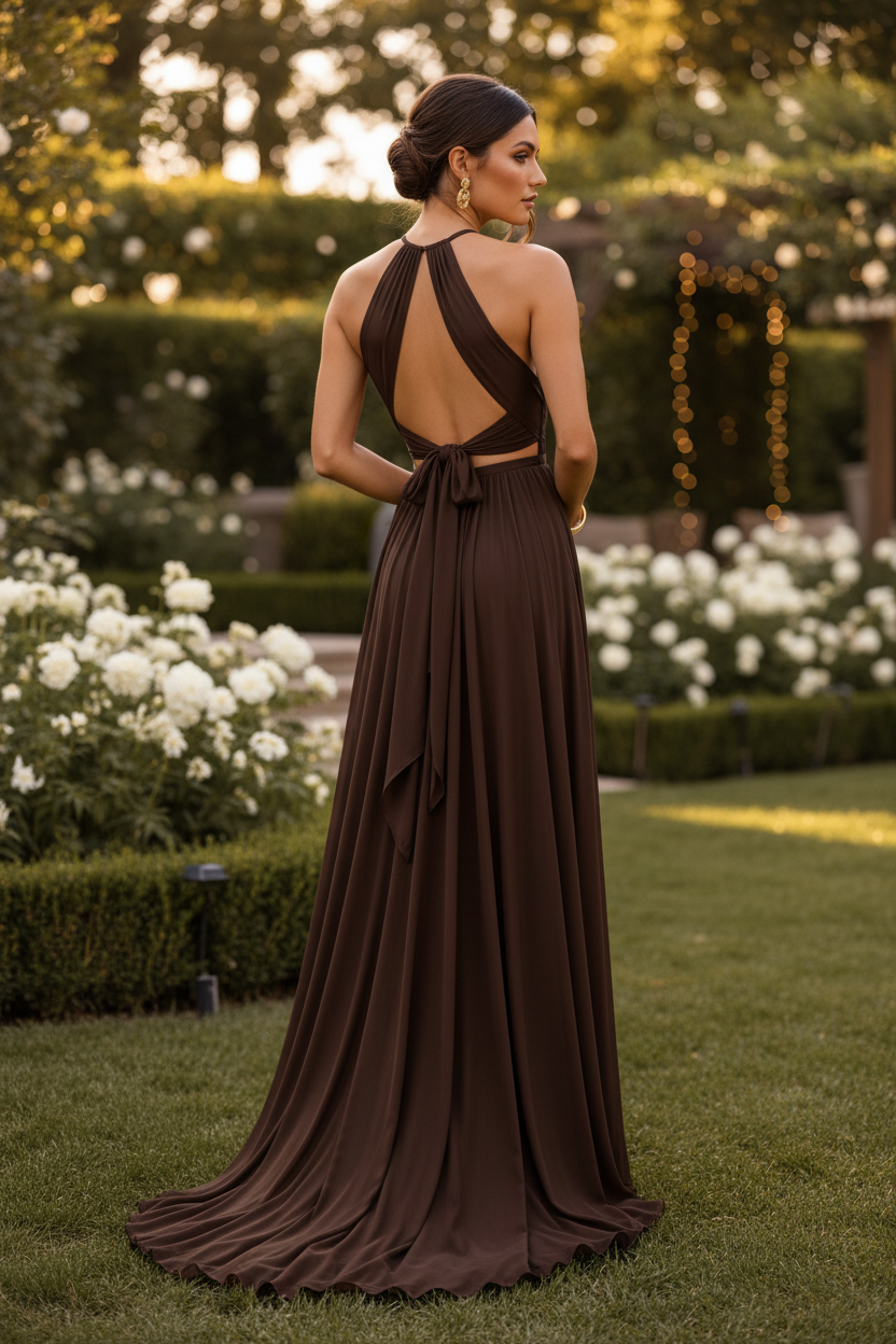 Vestido Largo Halter Marrón Chocolate | Keyhole y Abertura Lateral