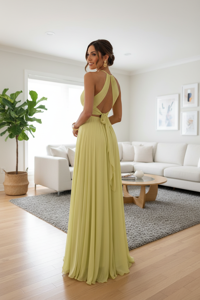 Vestido Largo Halter Amarillo Lima | Espalda Abierta y Abertura Lateral