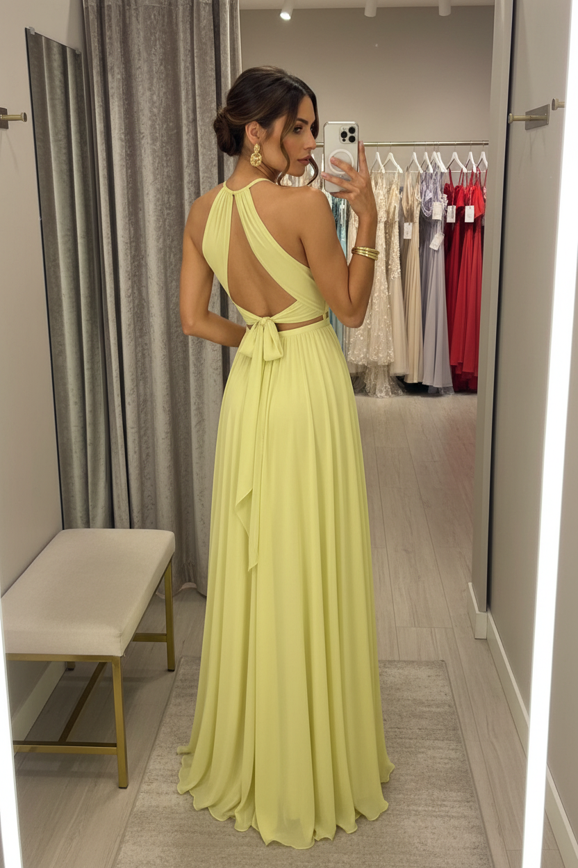 Vestido Largo Halter Amarillo Lima | Espalda Abierta y Abertura Lateral