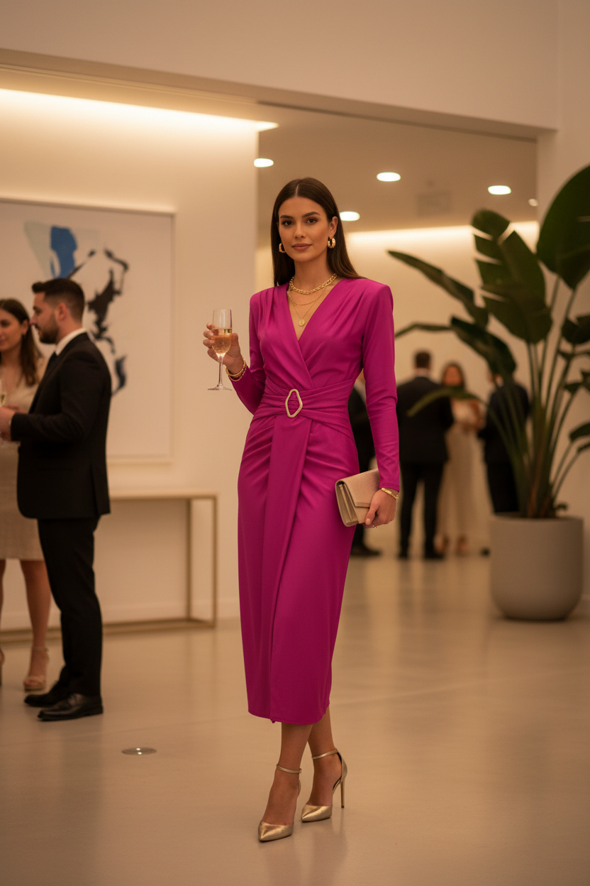 Vestido Fucsia Cruzado Manga Larga - Sofisticación Atemporal