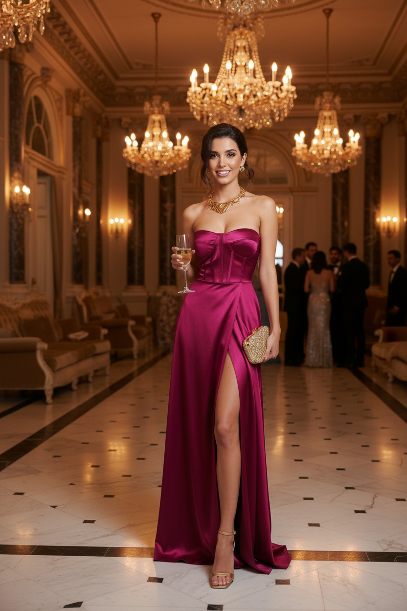 Vestido Magenta Satinado - Vestido de Fiesta Elegante con Lazo