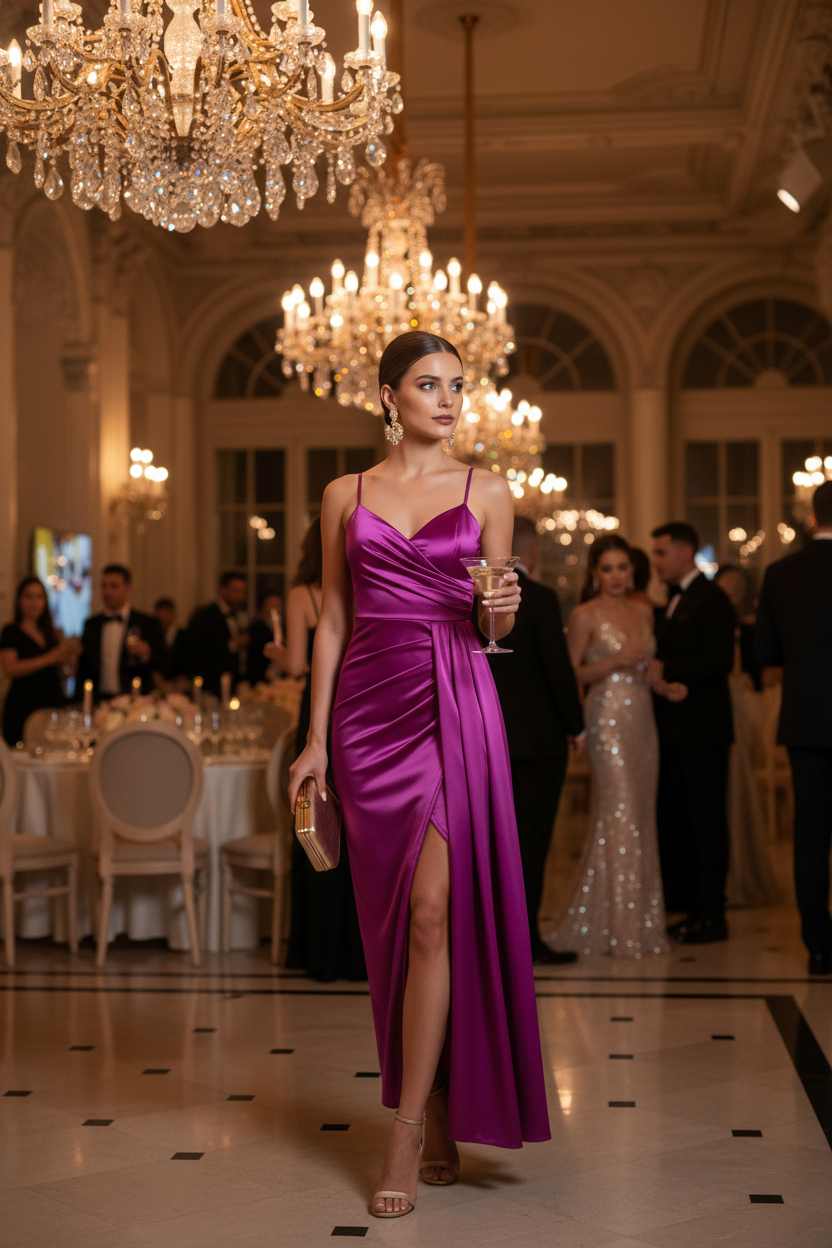 Vestido Fucsia Satinado con Tirantes - Elegancia Mediterránea