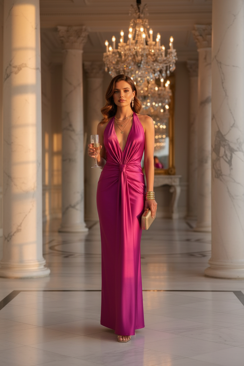 Vestido Fucsia Satinado Halter con Nudo - Glamour Absoluto