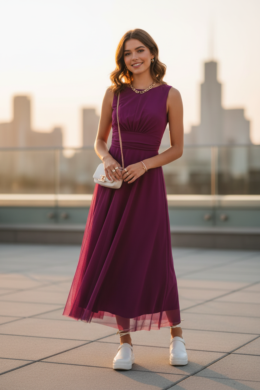 Vestido Magenta Tul - Vestido de Fiesta Elegante con Escote Barco