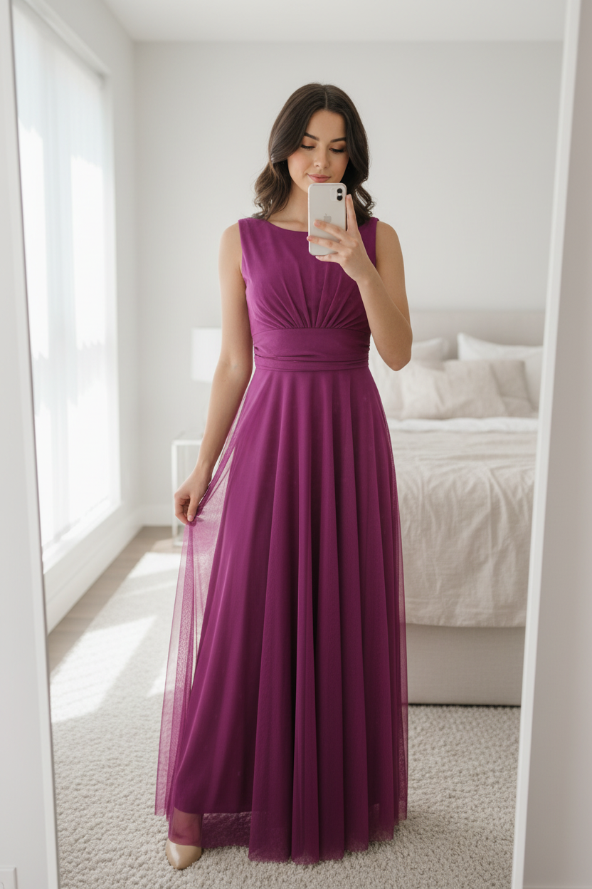 Vestido Magenta Tul - Vestido de Fiesta Elegante con Escote Barco