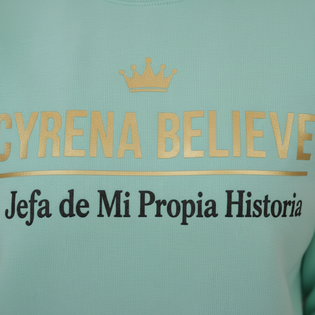 Detalle del texto dorado Jefa de Mi Propia Historia en sudadera menta