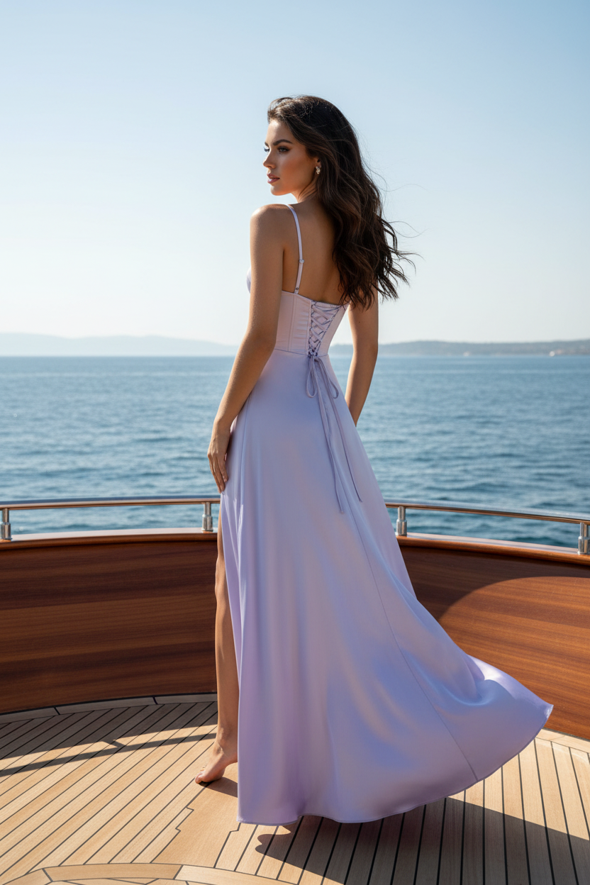 Vestido corset satén lila vista trasera cubierta yate de lujo