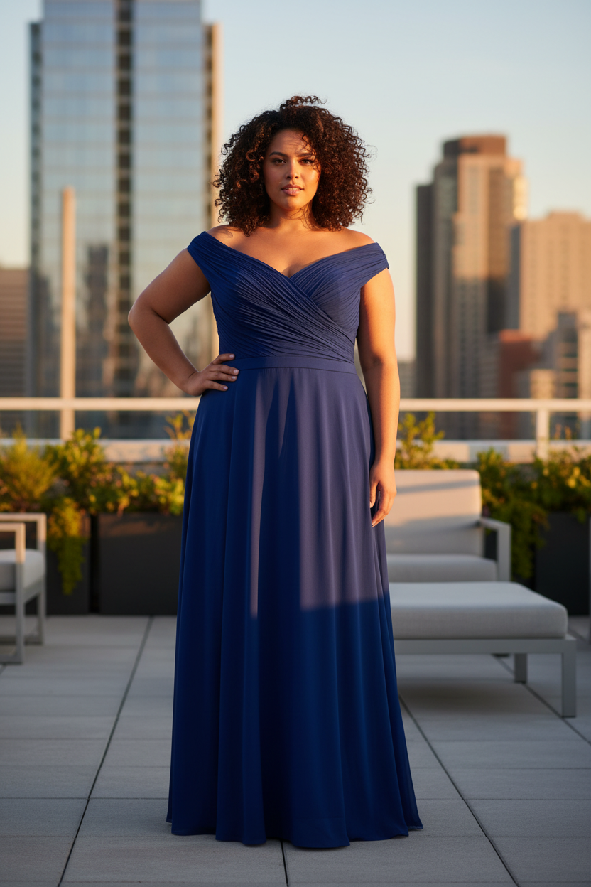 Mujer curvy con vestido azul royal off-shoulder en entorno cool