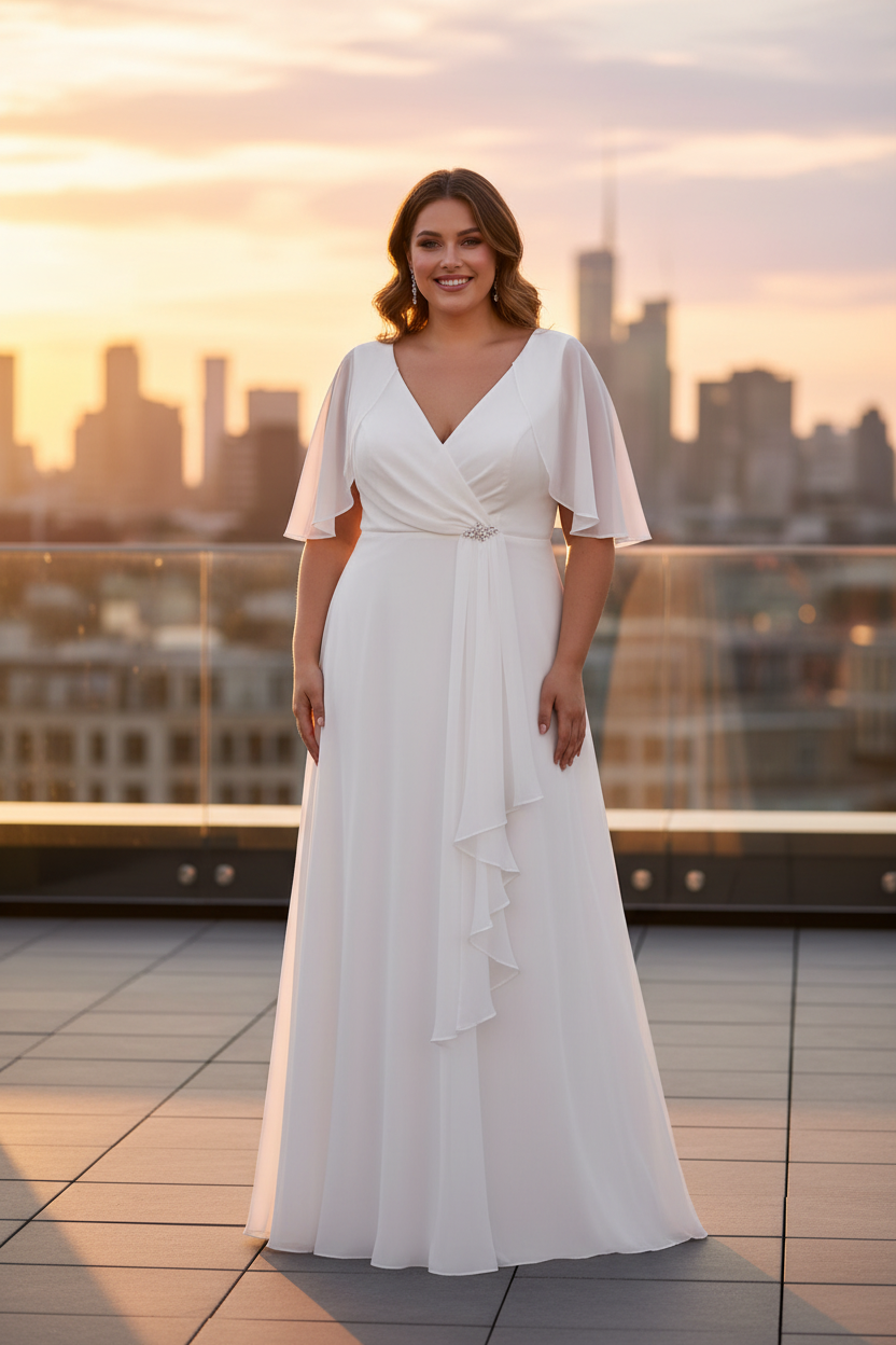 Vestido largo blanco con capa y broche, modelo talla 44-46, rooftop al atardecer