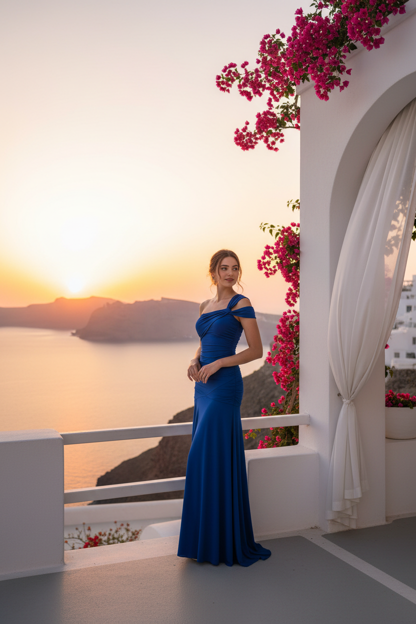 Lifestyle vestido azul terraza Mykonos sunset