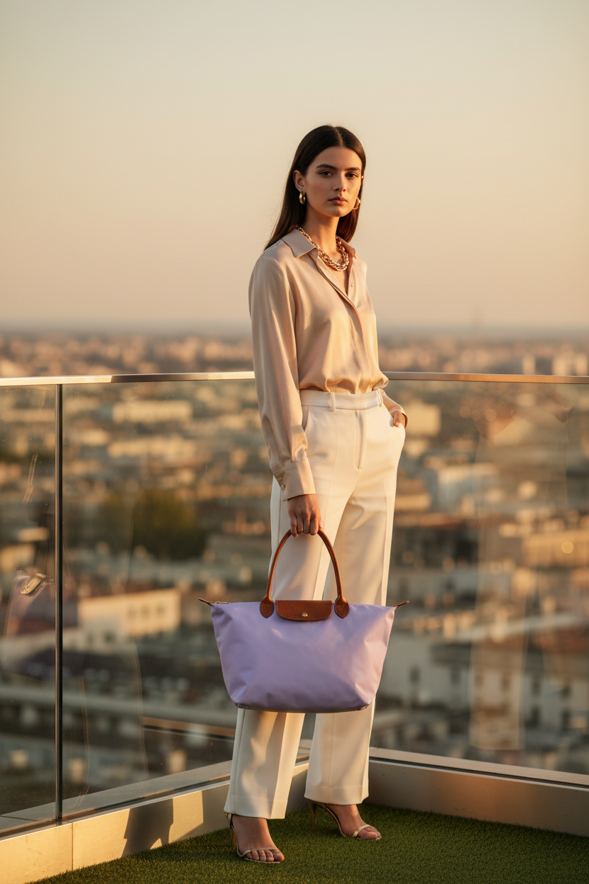Bolso shopper nylon lila clarito - modelo rooftop dorado