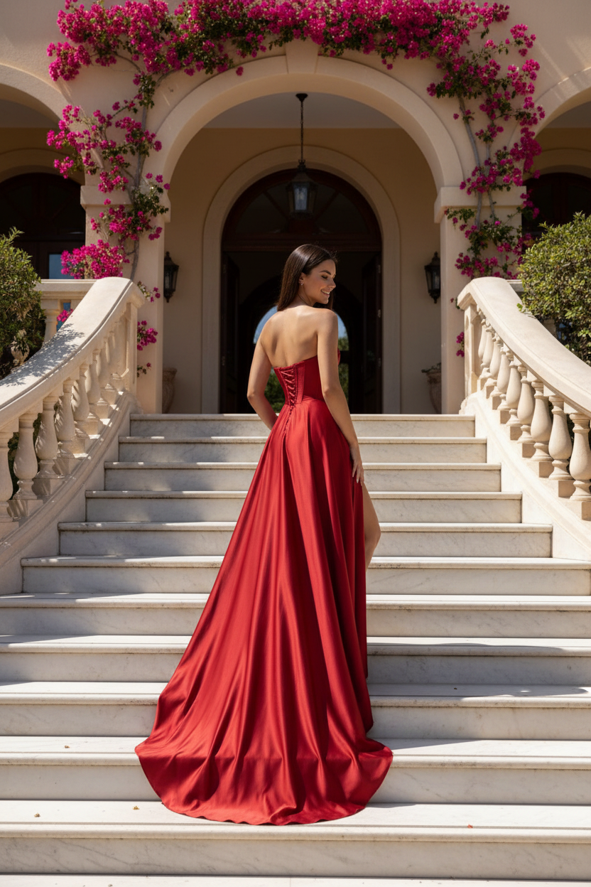 Vestido corset satén cereza vista trasera subiendo escaleras mármol villa