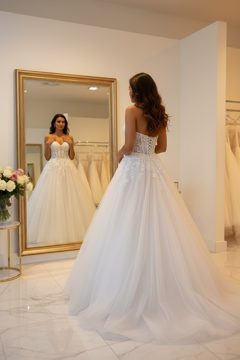 Vestido novia probándose en espejo boutique de lujo