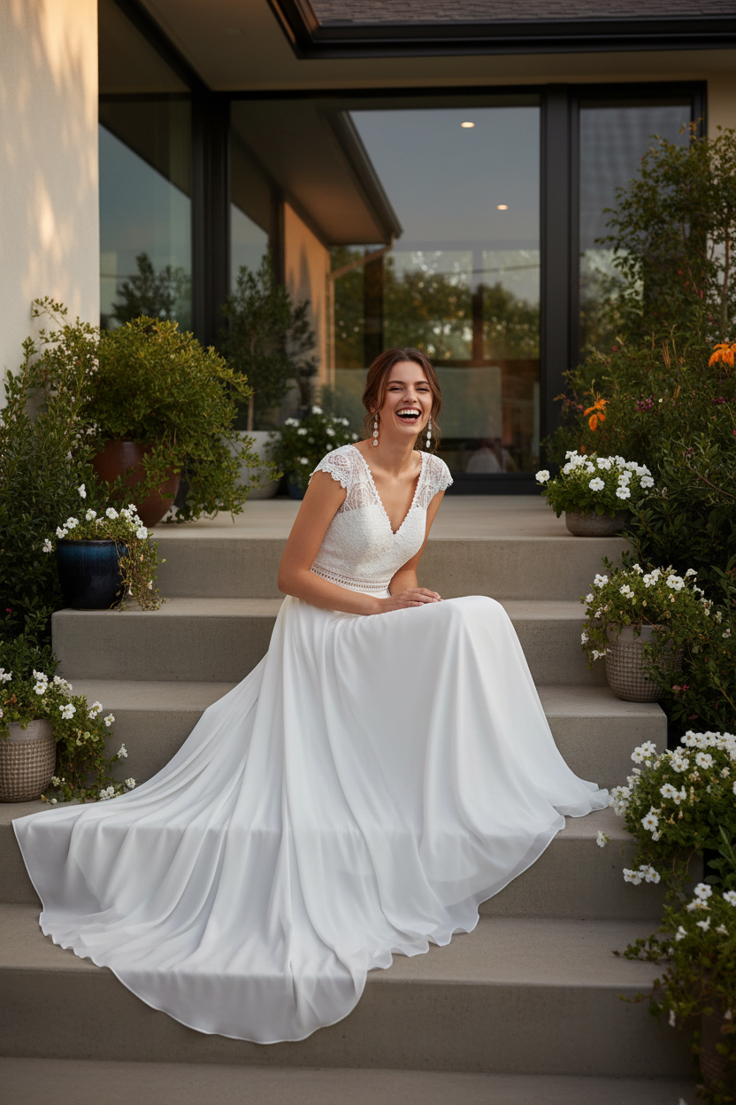 Vestido novia escaleras exteriores