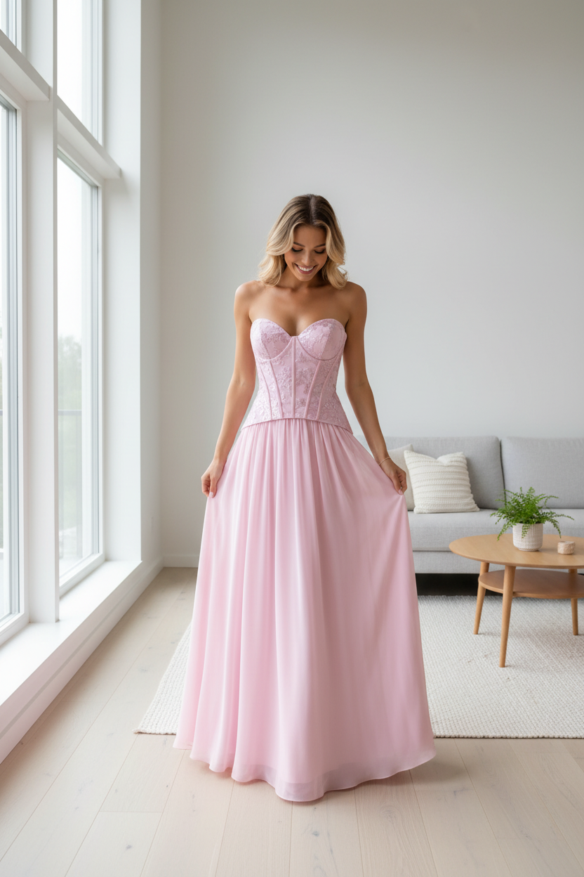 Vestido rosa corset - salón casa luz natural