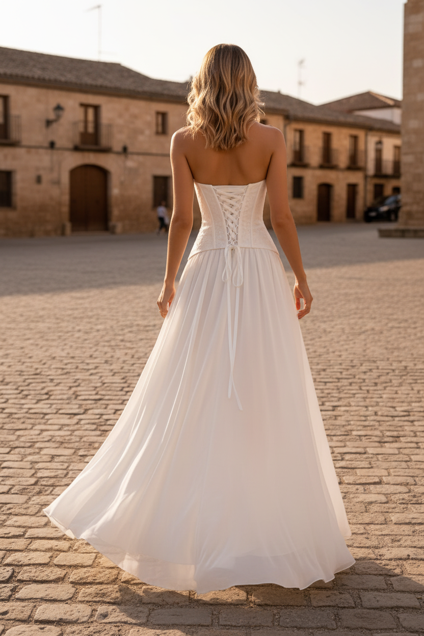 Vestido blanco corset - de espaldas plaza española