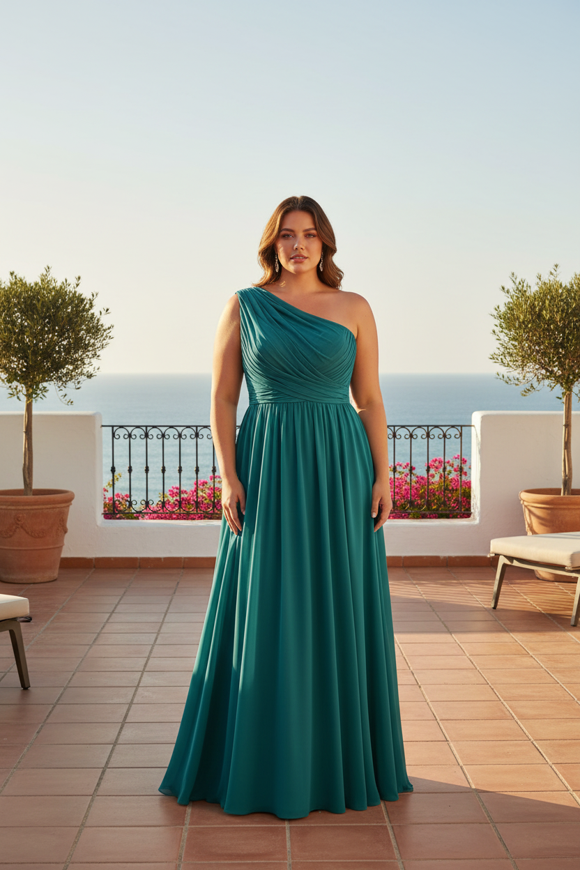 Vestido Gasa un Tirante Turquesa - Terraza con vistas al mar