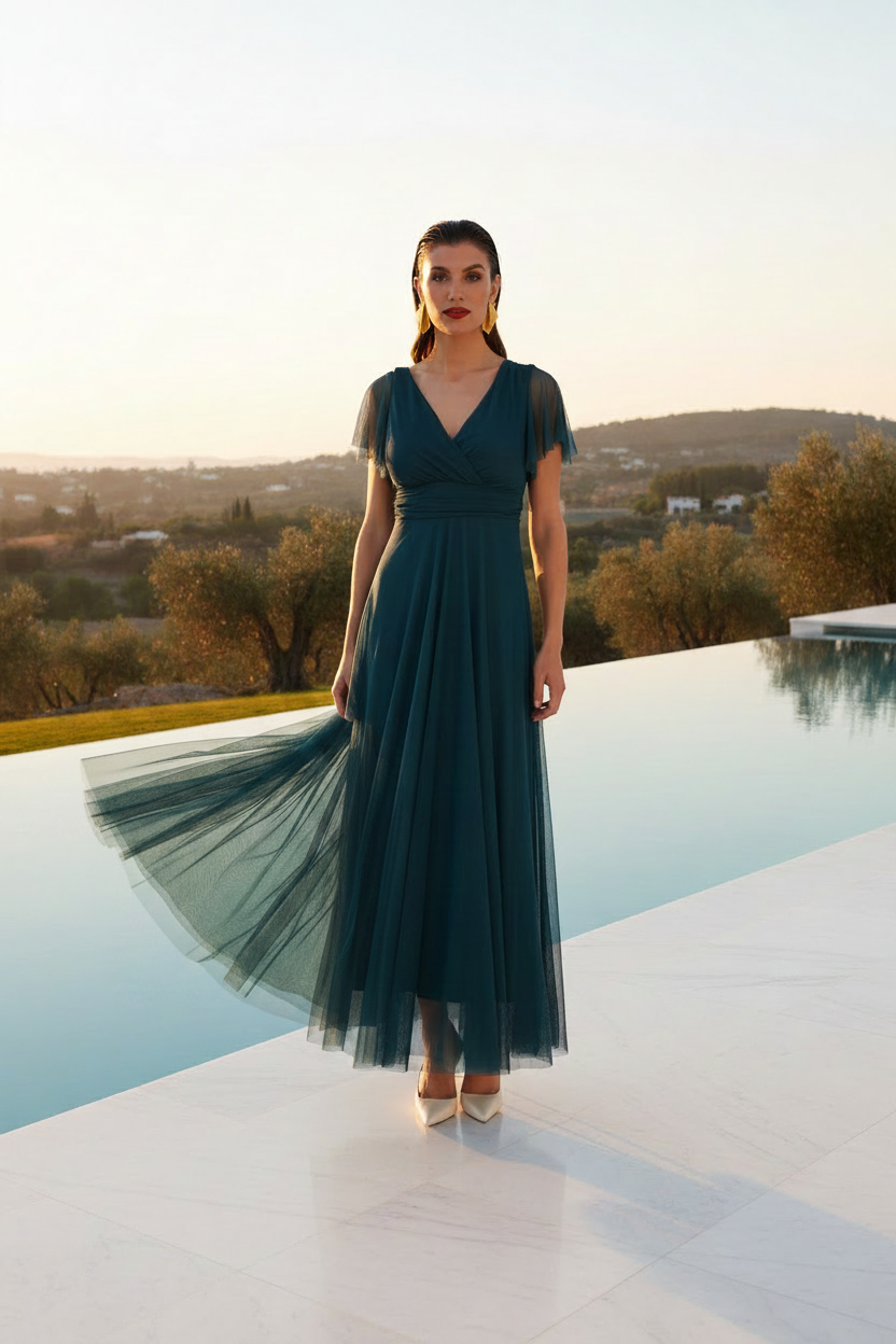 Vestido teal - borde piscina al atardecer