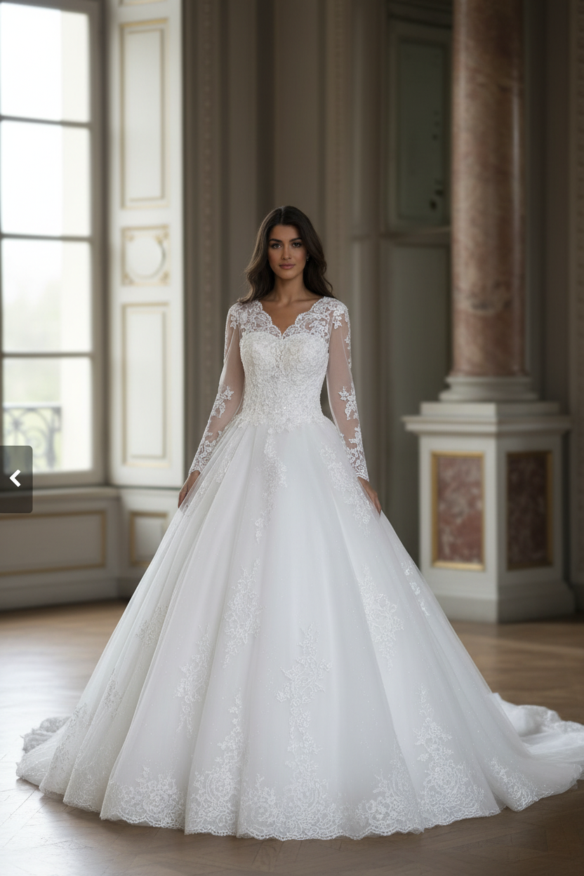 Vestido de novia Bella en ambiente palaciego elegante