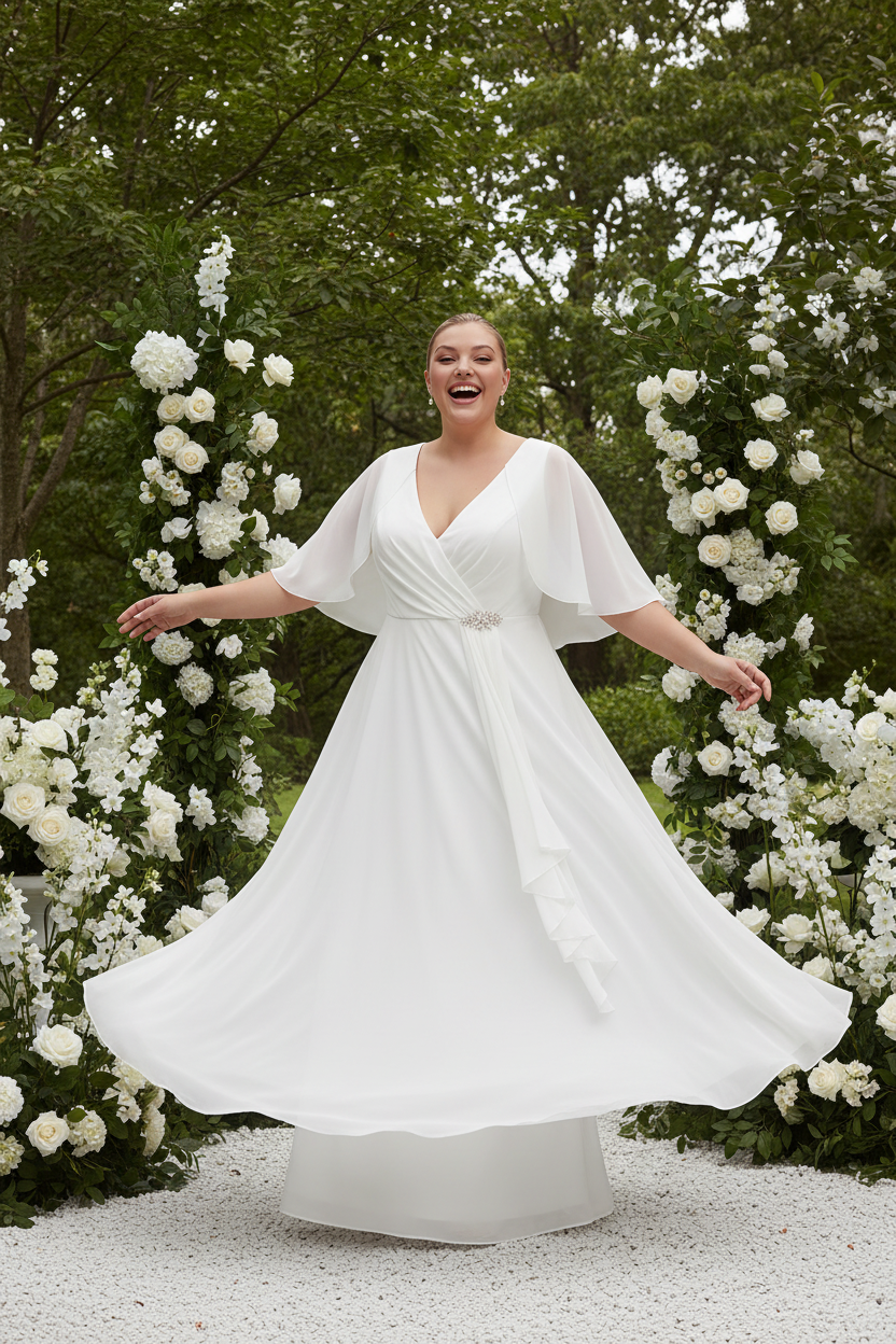 Modelo girando con vestido largo blanco con capa en jardín de boda