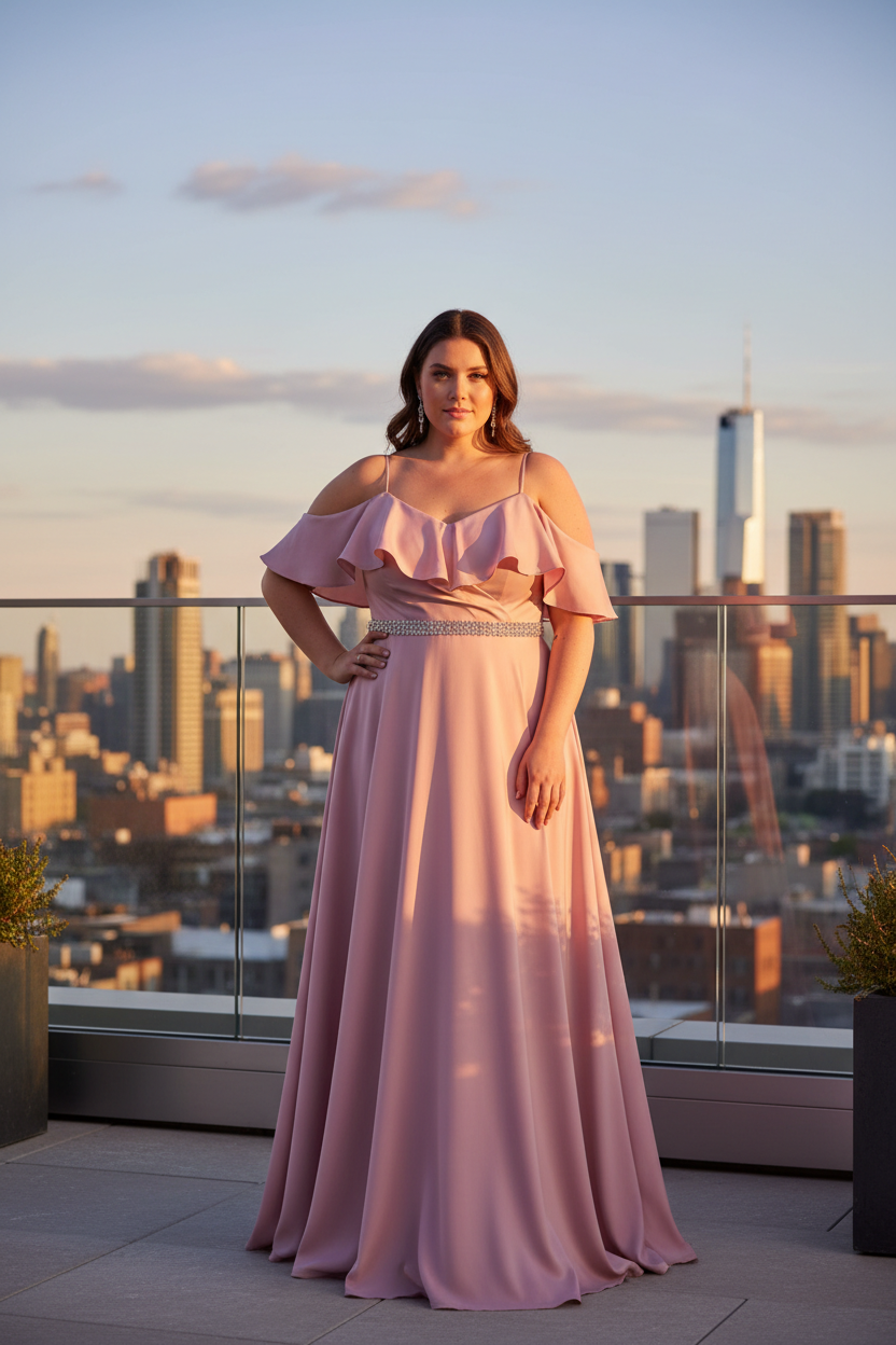 Modelo curvy con vestido de raso largo - Rooftop atardecer