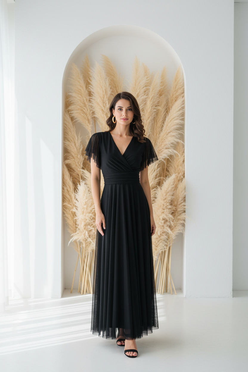 Vestido negro - pose frontal pendientes