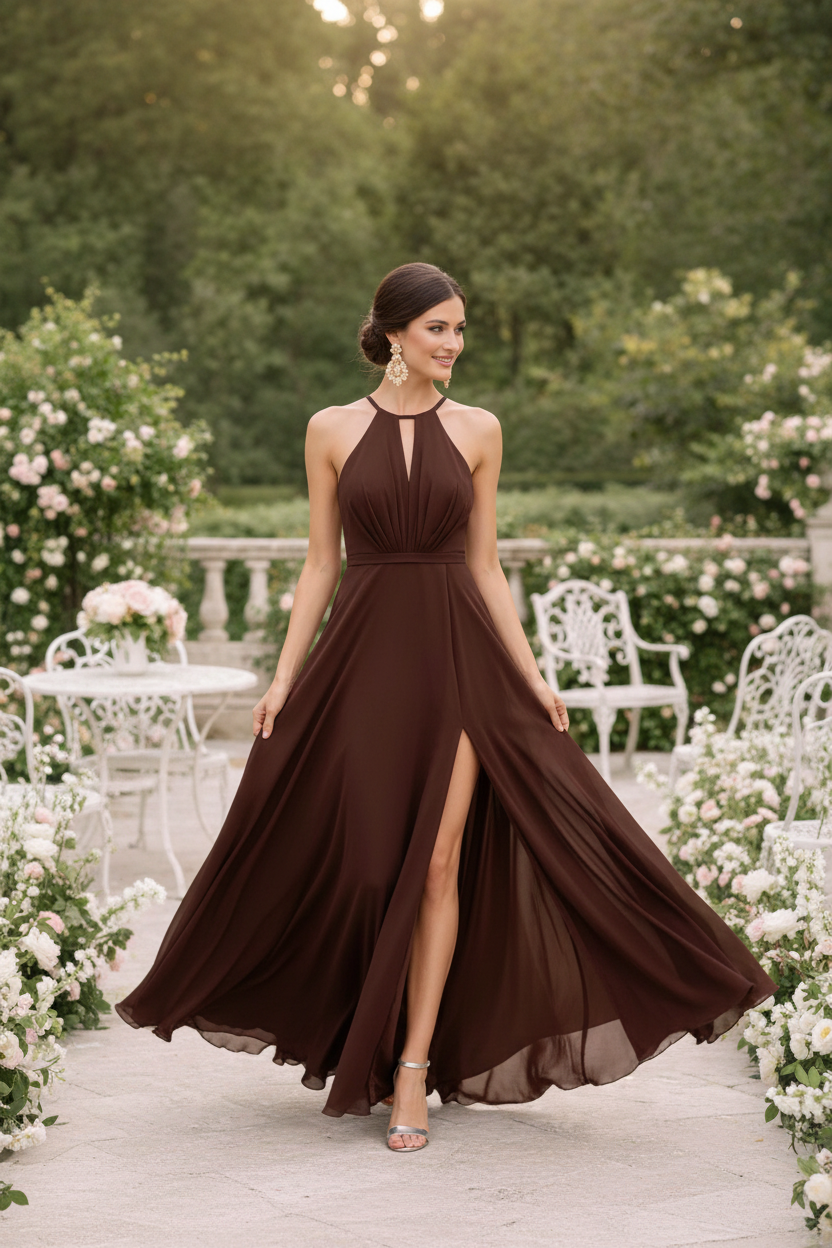 Vestido halter marrón chocolate - caminando