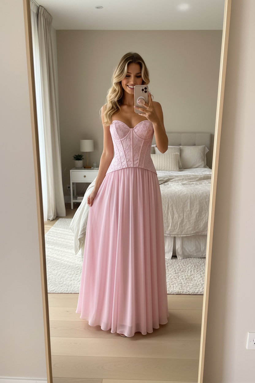 Vestido rosa corset - selfie espejo dormitorio