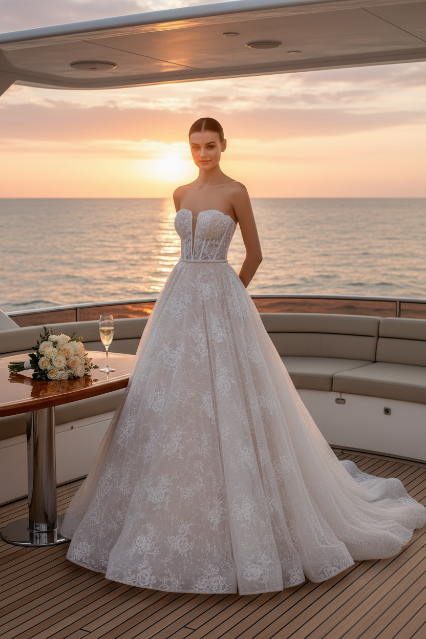 Vestido de Novia Isabel en yate de lujo