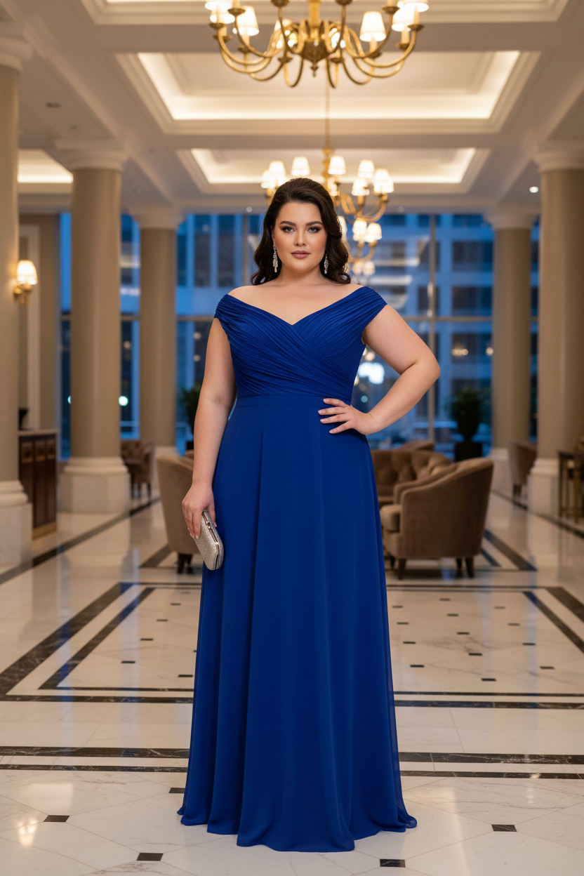 Vestido azul royal curvy en lobby de hotel de lujo