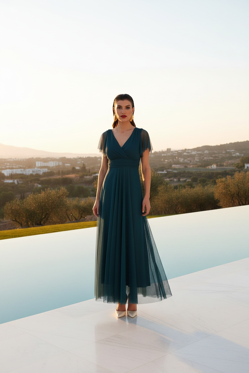 Vestido teal - rooftop sunset