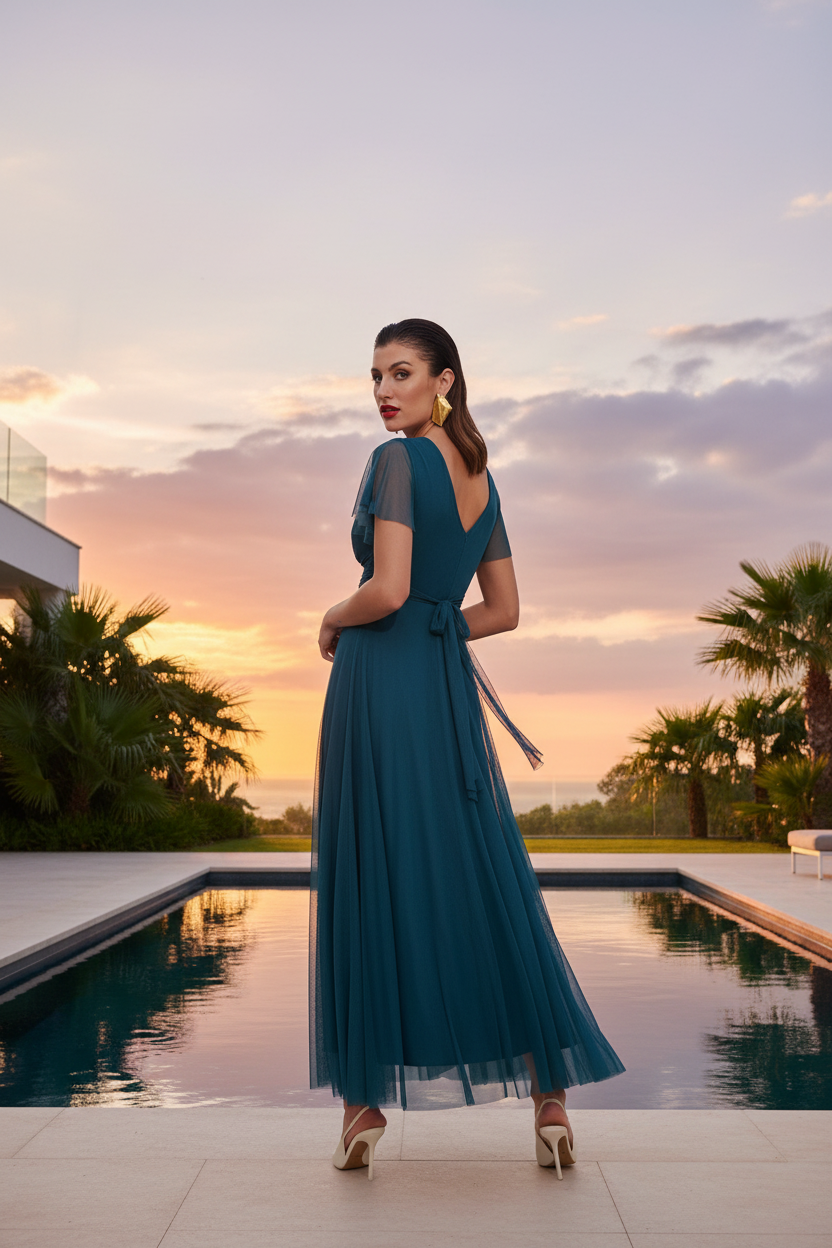Vestido teal - espalda terraza villa