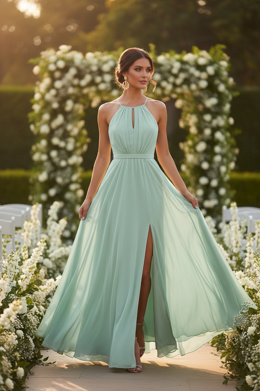 Vestido halter verde menta - caminando