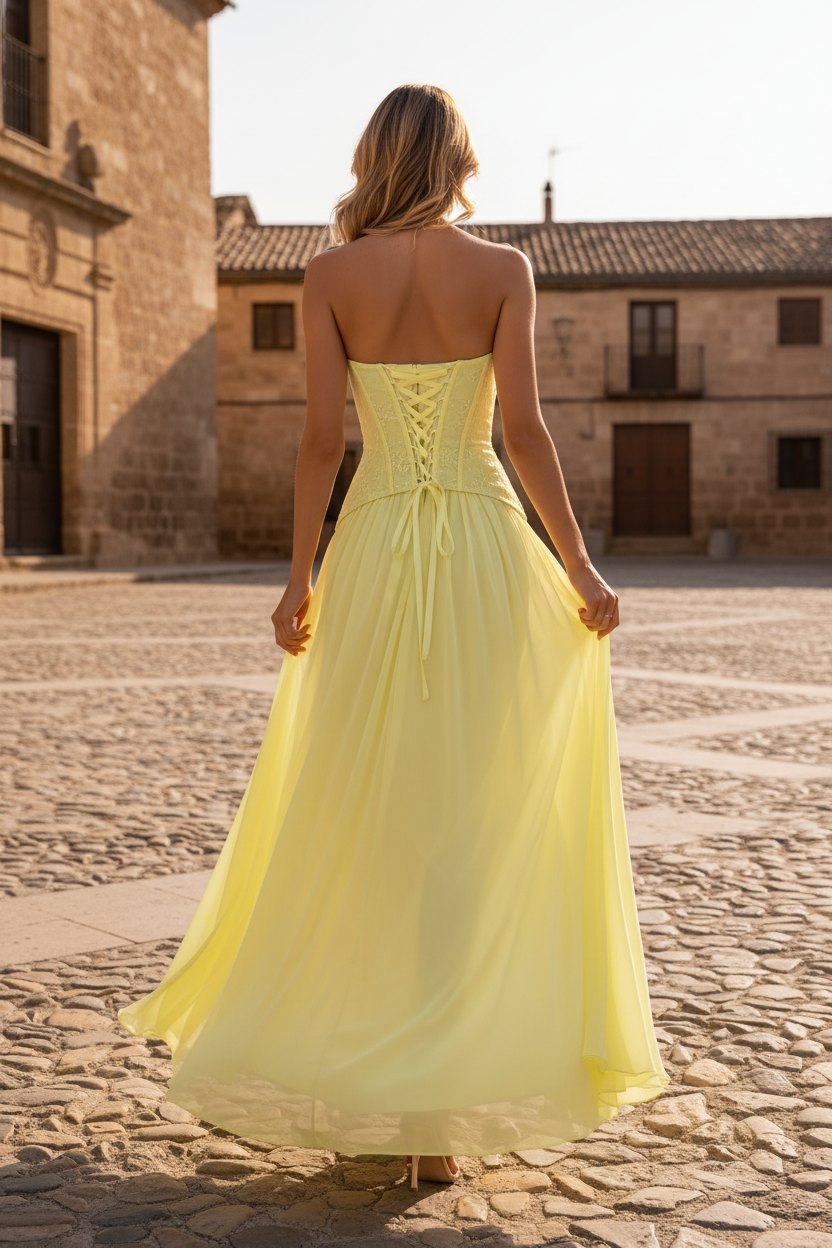 Vestido amarillo lima corset - de espaldas plaza española