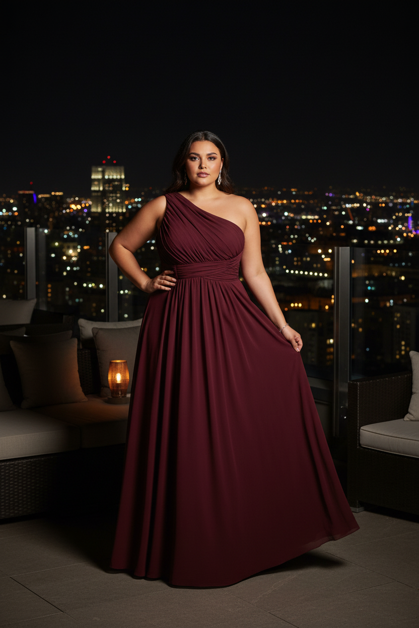 Vestido Gasa un Tirante Burdeos - Rooftop nocturno