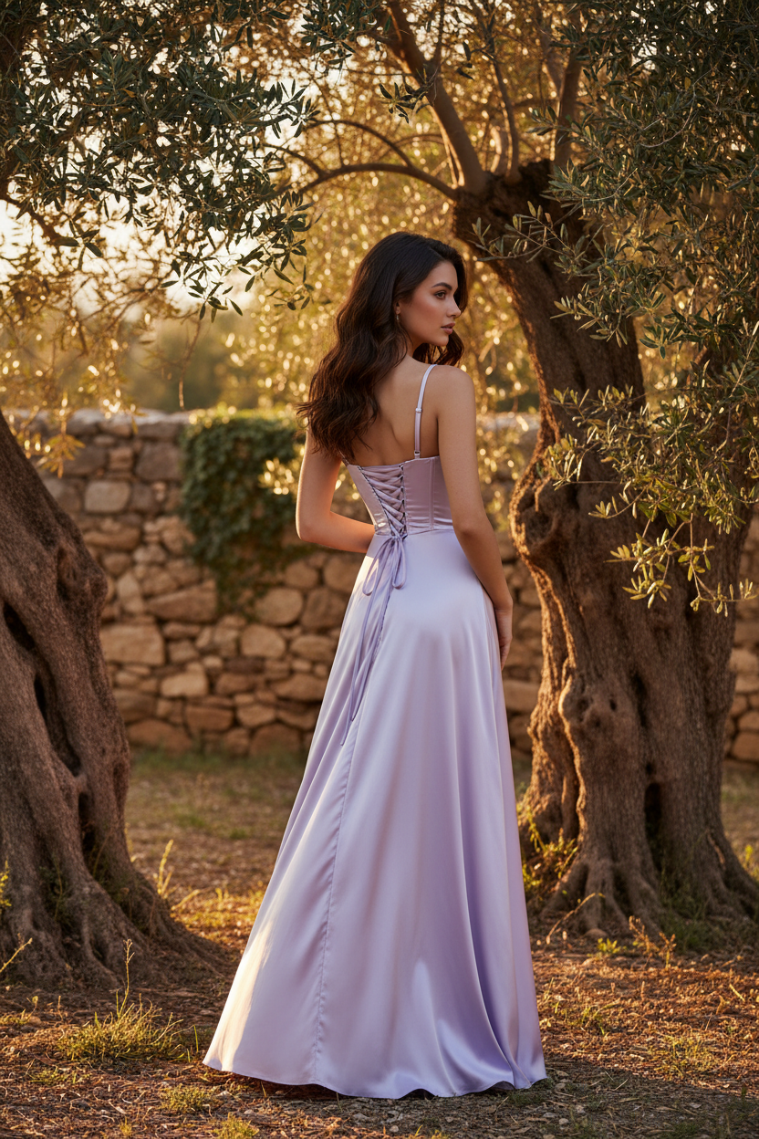 Vestido corset satén lila vista trasera olivar mediterráneo luz dorada