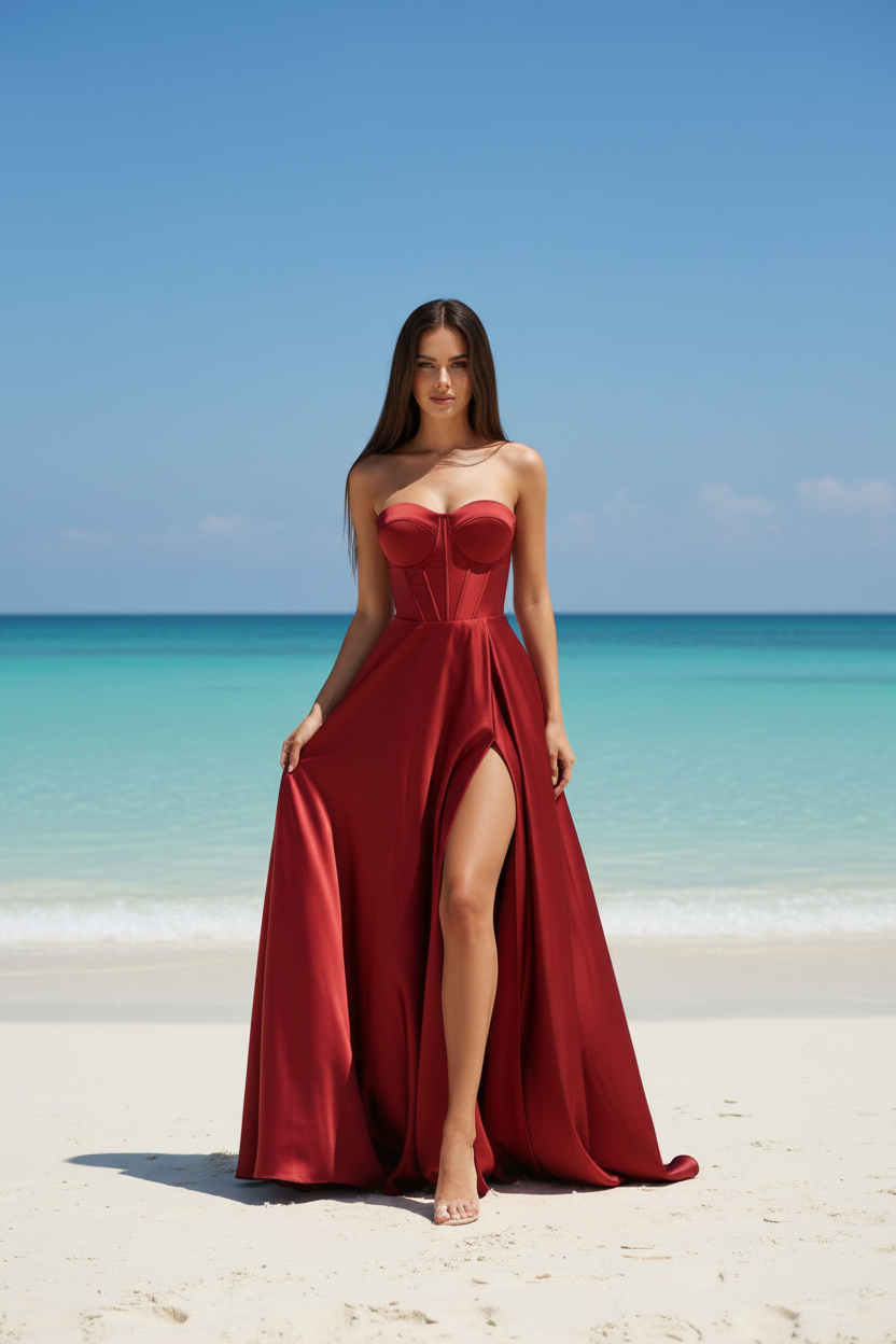Vestido corset satén cereza morena pelo liso caminando en playa