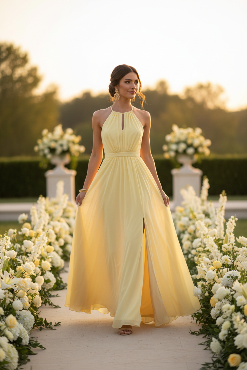 Vestido halter amarillo pastel - caminando