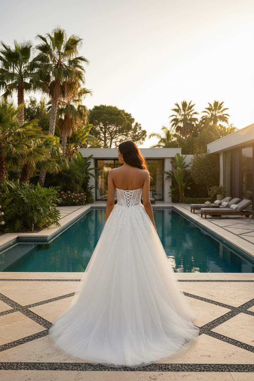 Vestido novia jardín villa de lujo vista trasera