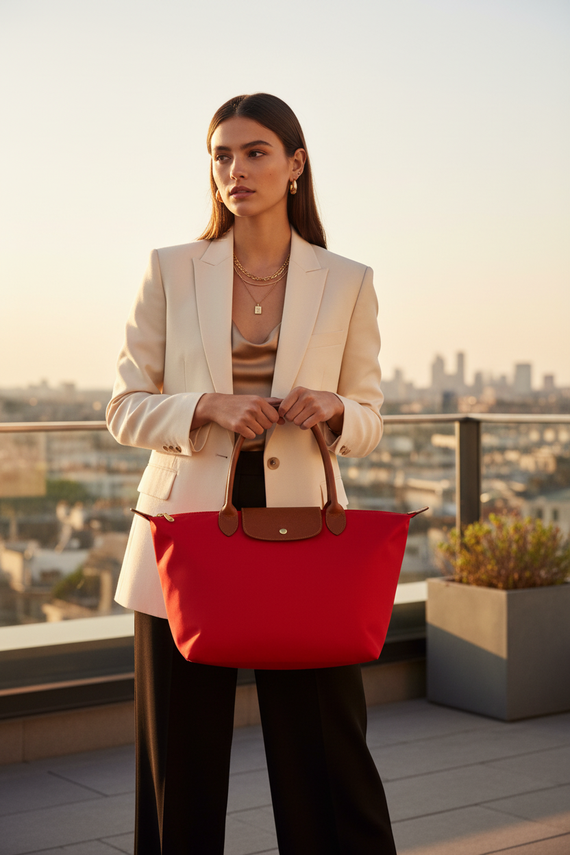 Bolso shopper nylon rojo - modelo rooftop dorado